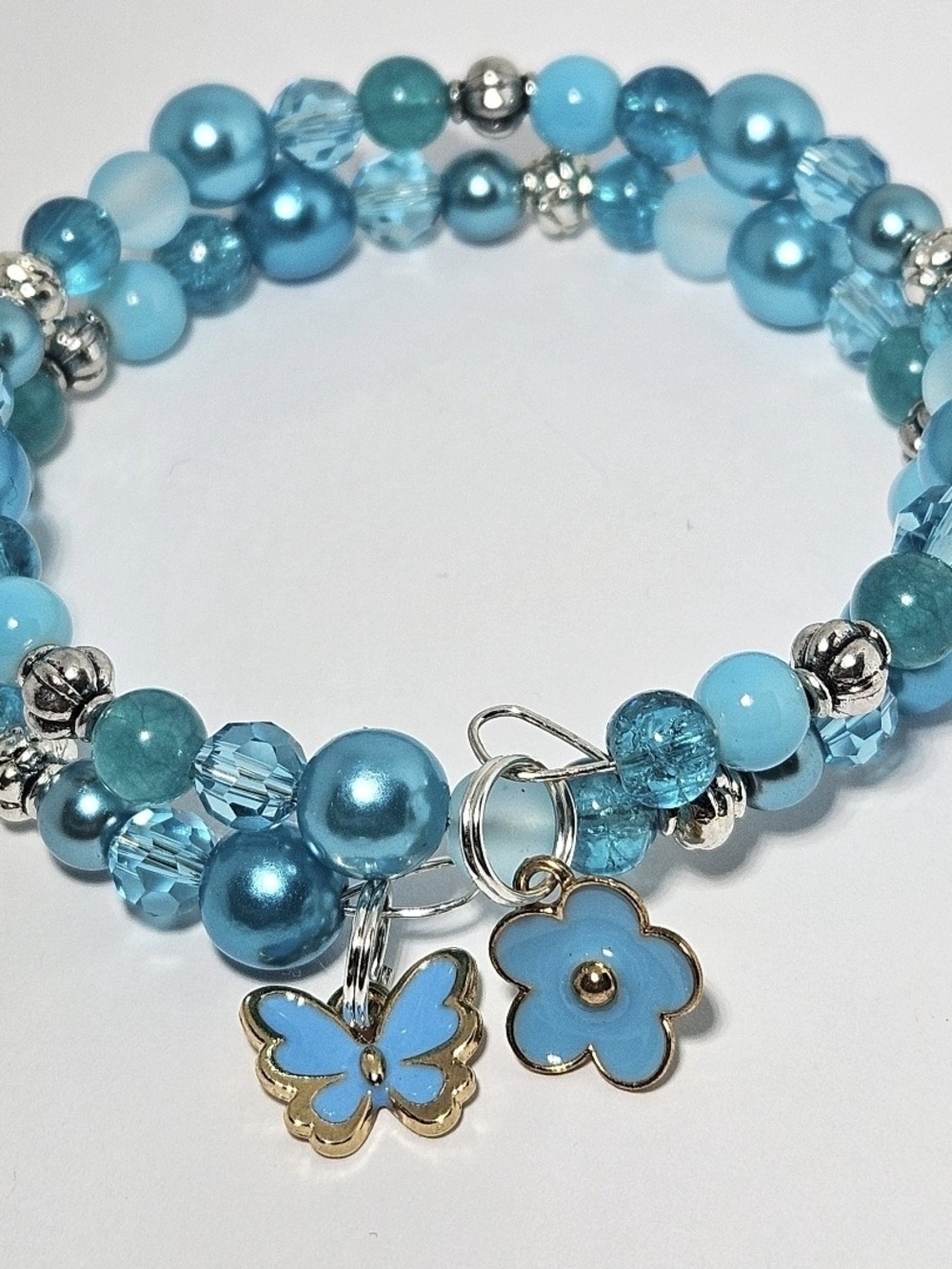 Turquoise Blue Flower & Butterfly Charm Beaded Bracelet